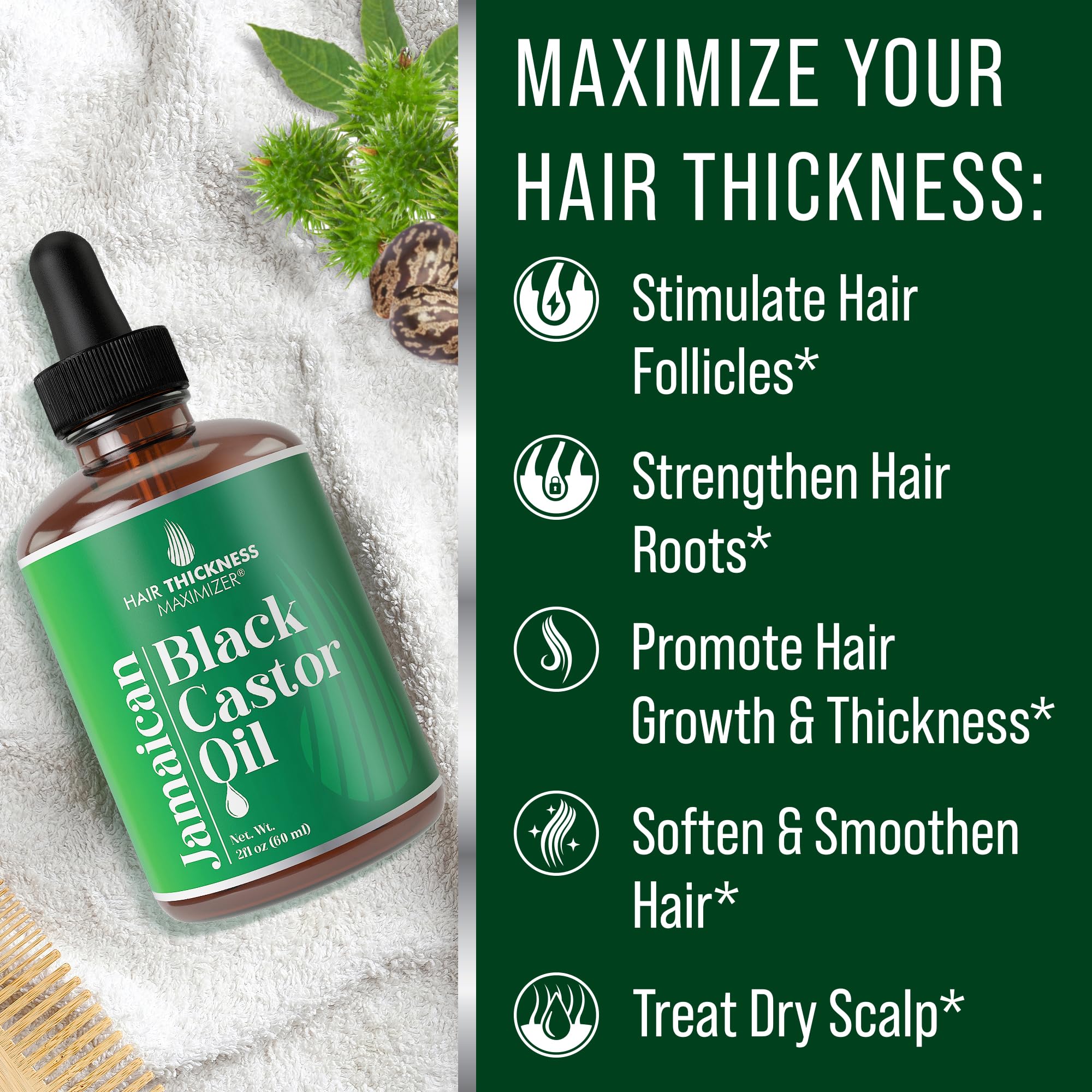 100% Organic Cold-Pressed Jamaican Black Castor Oil (2fl Oz) By Hair Thickness Maximizer. PURE + UNREFINED Oils For Thickening Hair, Eyelashes, Eyebrows. Avoid Hair Loss, Thinning Hair for Men + Women